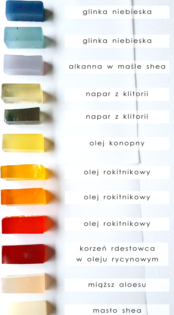 Naturalne barwniki transparentne do bazy glicerynowej - niebieski, pomarańczowy, fioletowy, zielony, żółty, czerwony, różowy, beżowy, biały